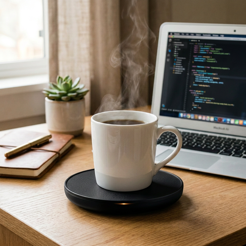 Black desk mug warmer with white ceramic mug on a clean minimal desk with soft natural light