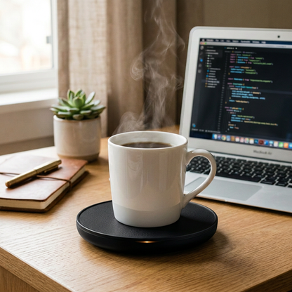 Black desk mug warmer with white ceramic mug on a clean minimal desk with soft natural light